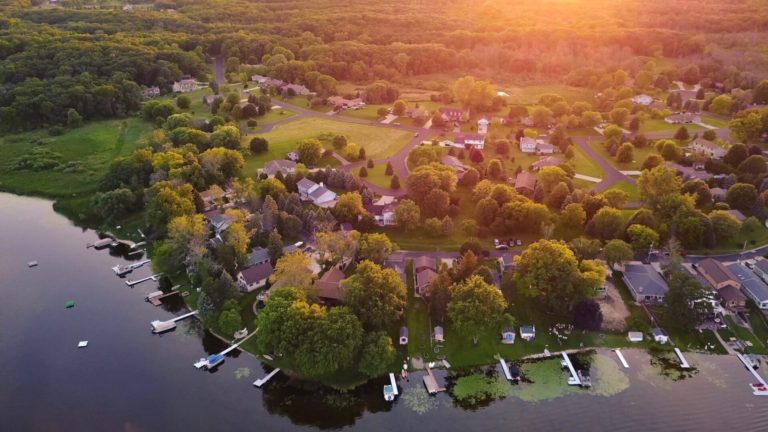 Arial view of lakefront properties