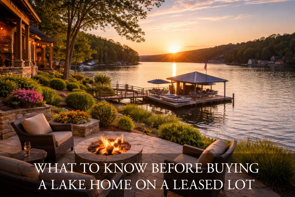 View from a lake property at sunset