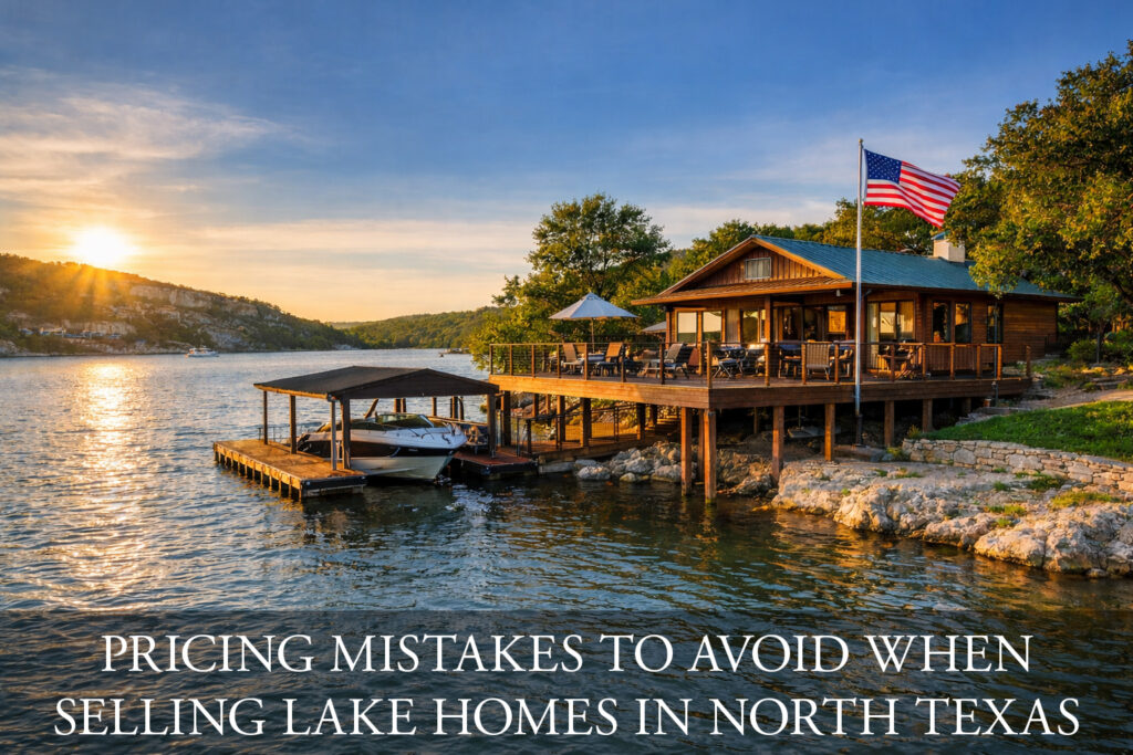Lake home and boat dock at sunset