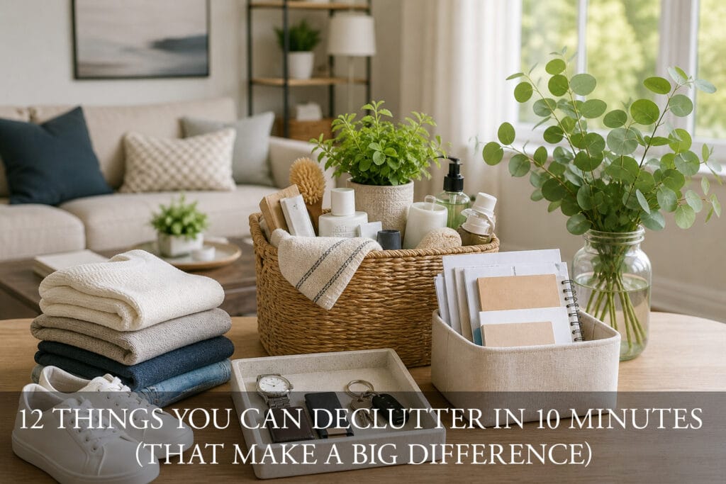 A photo of a room and decluttering materials