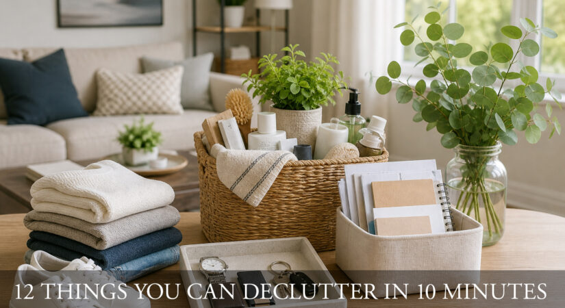 A photo of a room and decluttering materials
